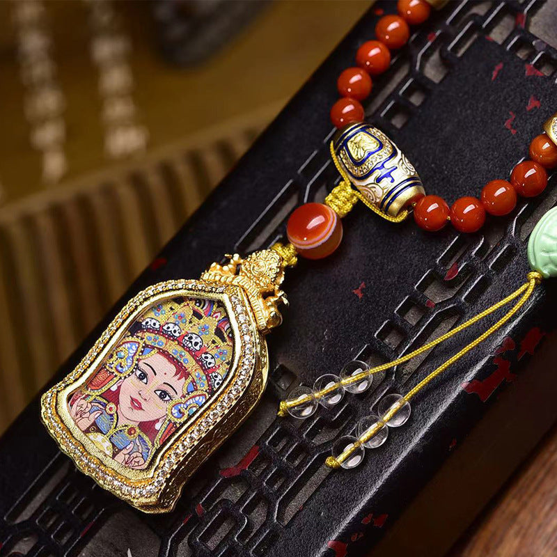 Dharma Echo Red Agate Mala Necklace with Zaki Lhamo Thangka Pendant