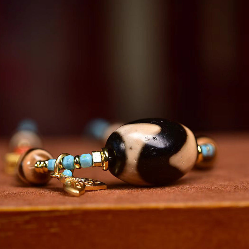 Dharma Echo Tiger Tooth Dzi Pendant Turquoise Necklace, Clavicle Necklace