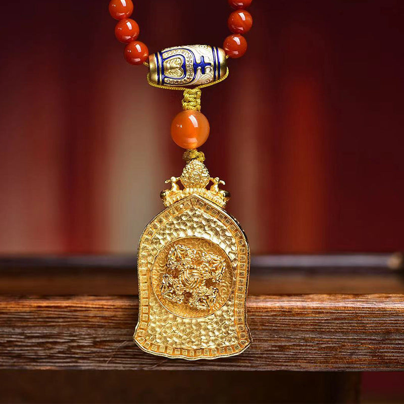 Dharma Echo Red Agate Mala Necklace with Zaki Lhamo Thangka Pendant