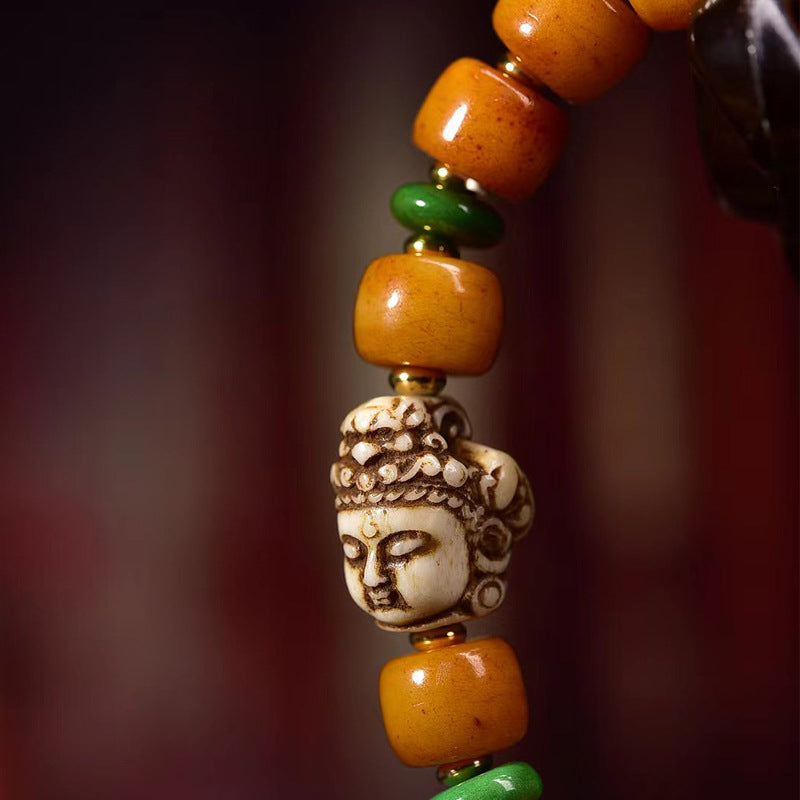 Dharma Echo Tibetan Yak Bone Barrel Bead Bracelet with Guanyin Accent