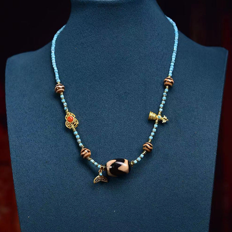 Dharma Echo Tiger Tooth Dzi Pendant Turquoise Necklace, Clavicle Necklace