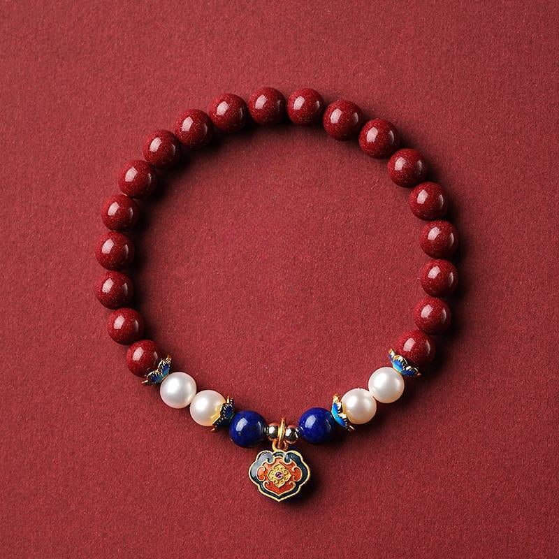Natural Cinnabar, Freshwater Pearl, Lapis Lazuli Bracelet with S925 Silver Enamel Longevity Lock Pendant