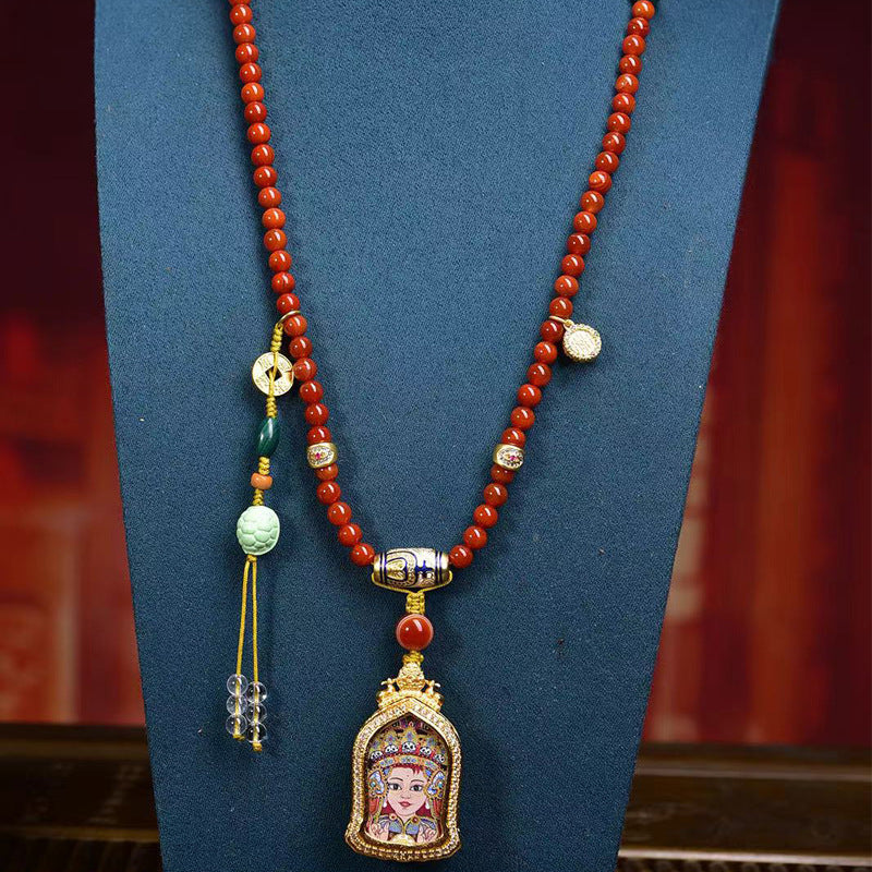 Dharma Echo Red Agate Mala Necklace with Zaki Lhamo Thangka Pendant