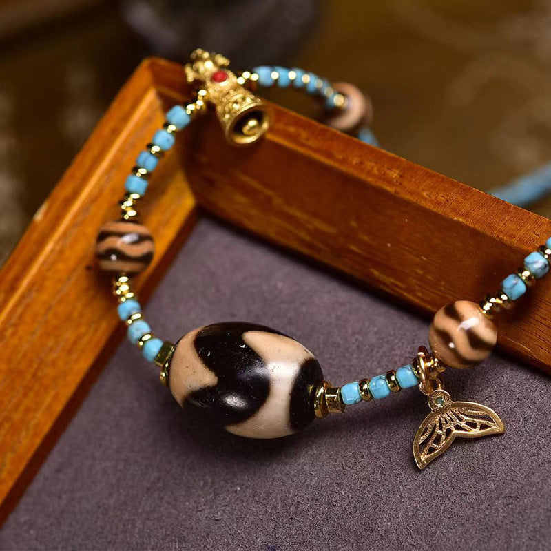 Dharma Echo Tiger Tooth Dzi Pendant Turquoise Necklace, Clavicle Necklace