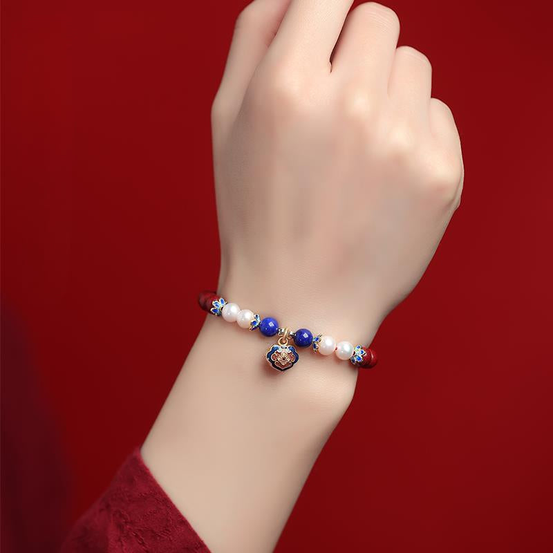 Natural Cinnabar, Freshwater Pearl, Lapis Lazuli Bracelet with S925 Silver Enamel Longevity Lock Pendant