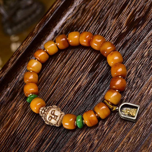 Dharma Echo Tibetan Yak Bone Barrel Bead Bracelet with Guanyin Accent
