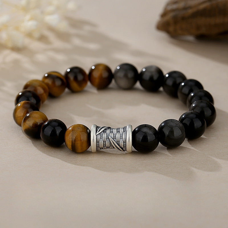 Tiger Eye Obsidian S999 Silver Beads Bracelet