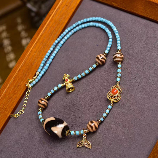 Dharma Echo Tiger Tooth Dzi Pendant Turquoise Necklace, Clavicle Necklace