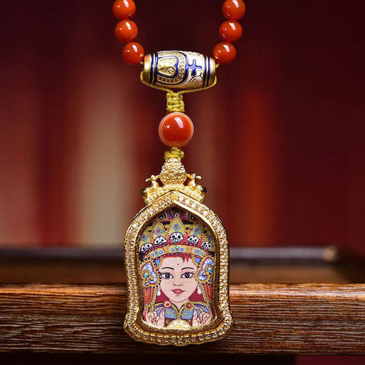 Dharma Echo Red Agate Mala Necklace with Zaki Lhamo Thangka Pendant