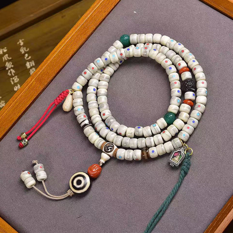 Tibetan 108 Seed Bone Mala Beads Gau Box Pendant with Southern Red Agate
