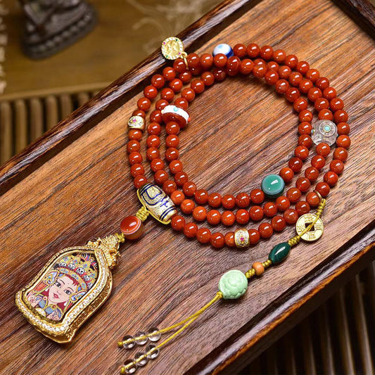 Dharma Echo Red Agate Mala Necklace with Zaki Lhamo Thangka Pendant